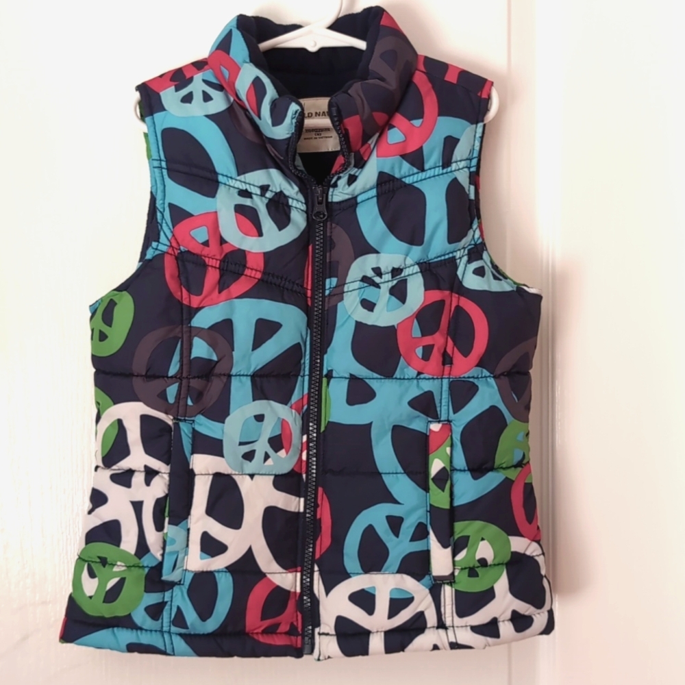 OLD NAVY Peace Sign Fleece Lined Puffer Vest. Girls Size 8 Medium